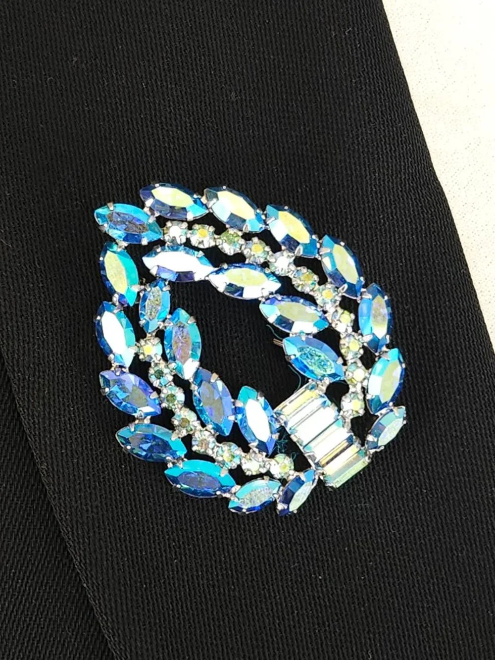 Vintage B. David Peacock Blue AB Rhinestone Brooch & Earring Set